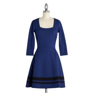 Modcloth Dress Square Neck Fit and Flare Scuba Navy and Black Stripe M Office